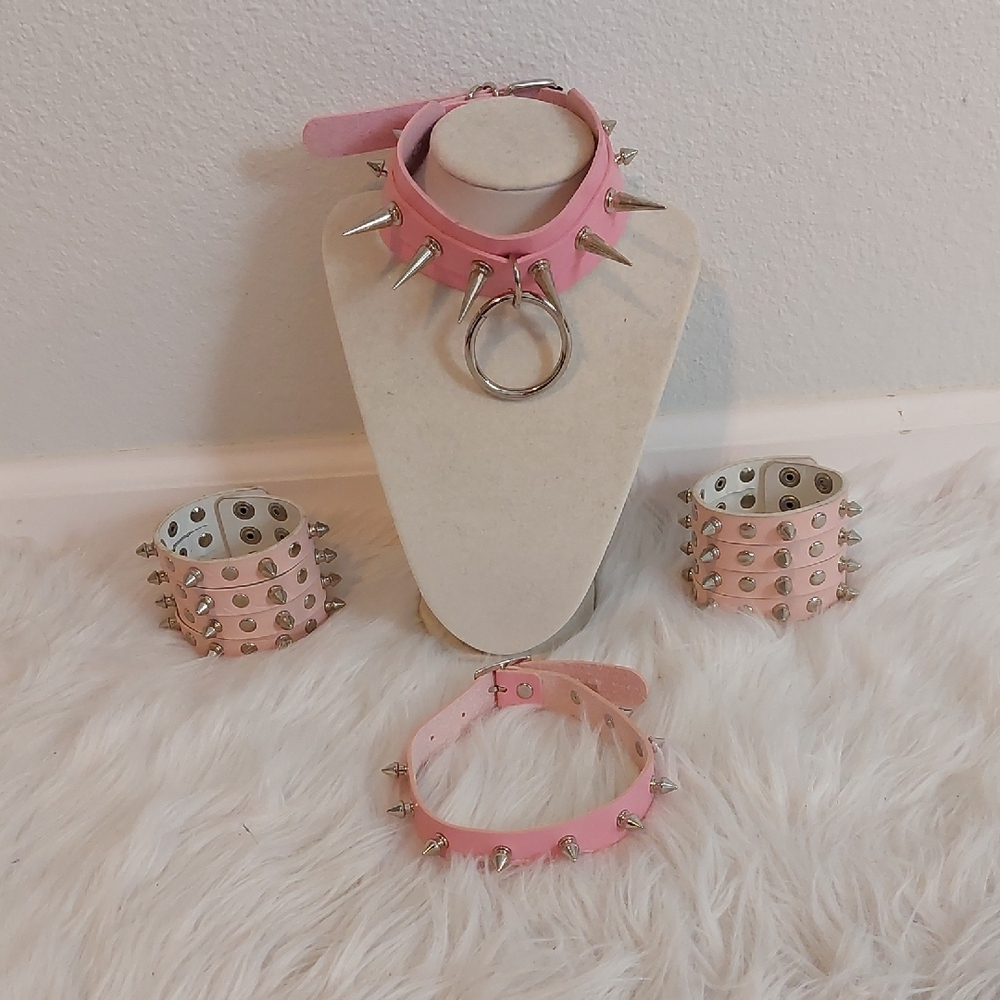 Hot Topic Pastel Goth Punk Pink Spiked Collar Choker and Bracelet Set